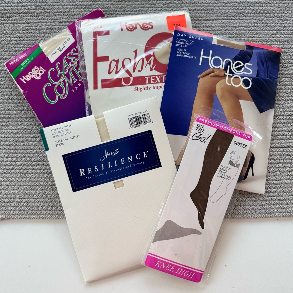 Lot of 5 Vintage Hanes Pantyhose Tights Nylons Pearl Coffee Beige NWT Deadstock